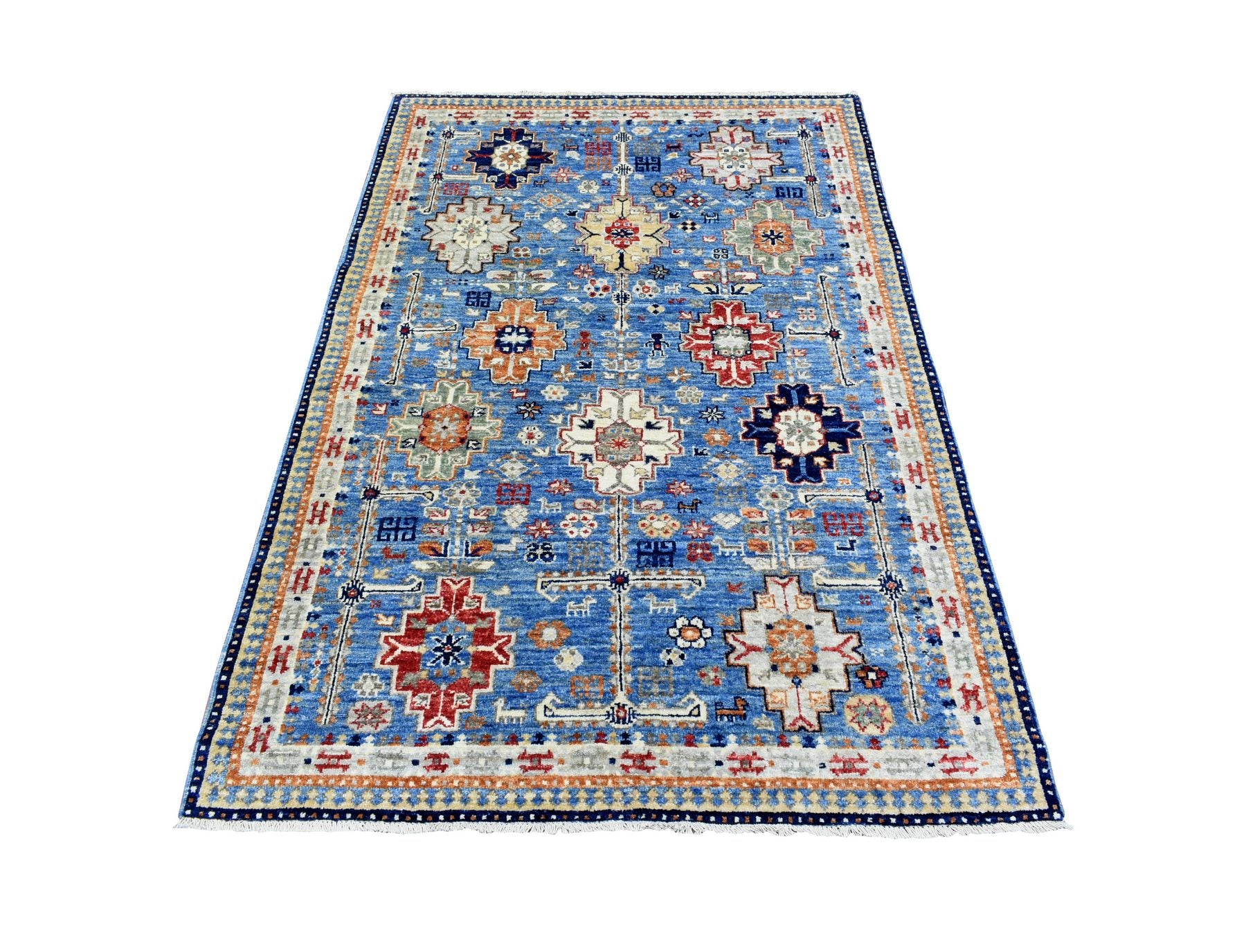 Ersari Tribal & Geometric hand-knotted wool rug in Blue & Ivory, 4' x 5'10" — SKU O072415