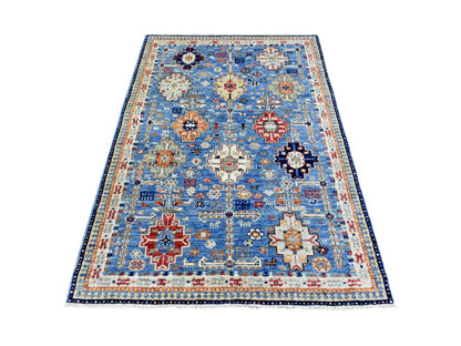 Blue 4'0" x 5'10" Tribal & Geometric Hand knotted Wool Rug - Sku: O072415