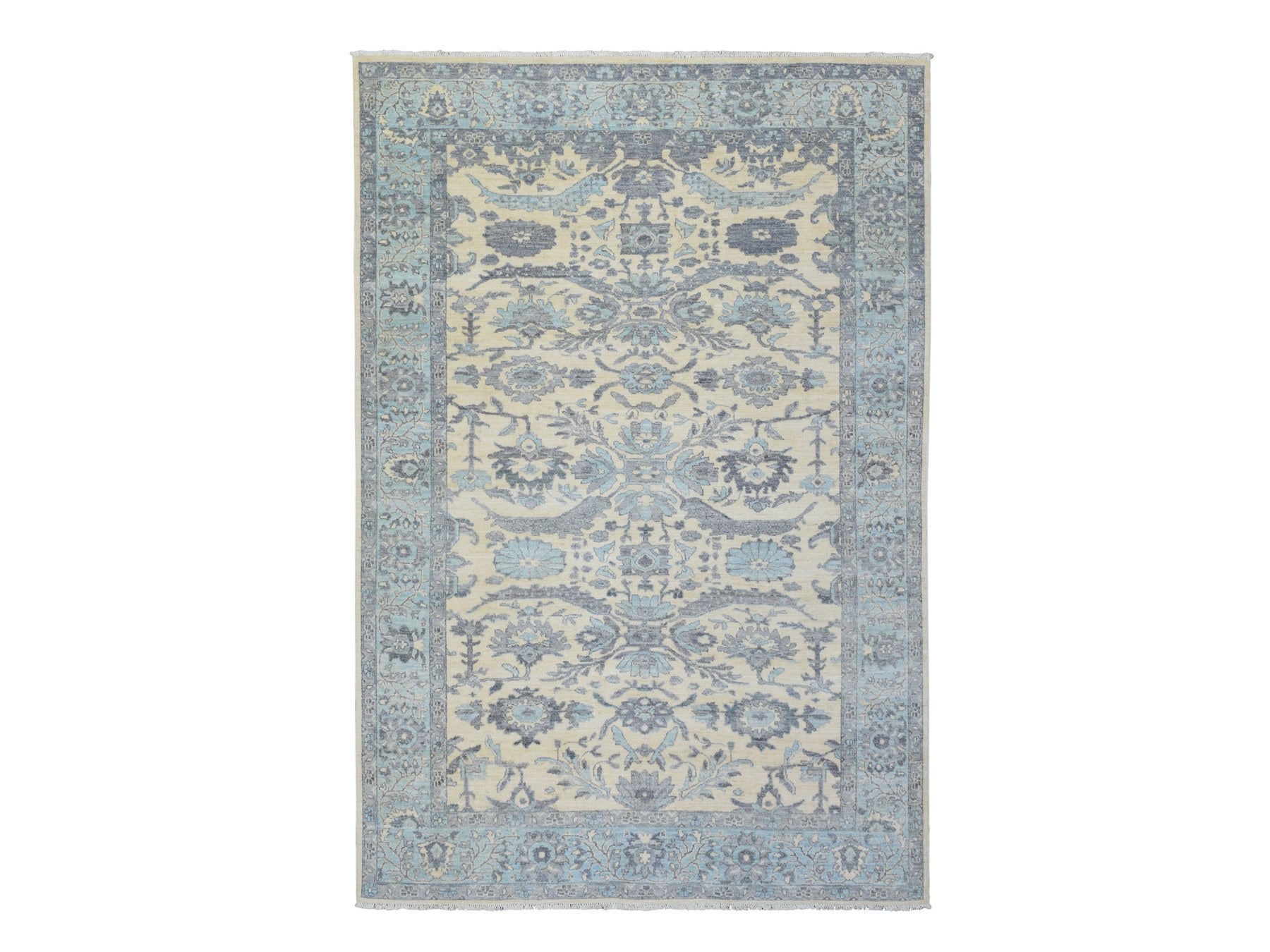 Heriz Oushak hand-knotted wool rug in Ivory & Blue, 6'1" x 9' — SKU O072536