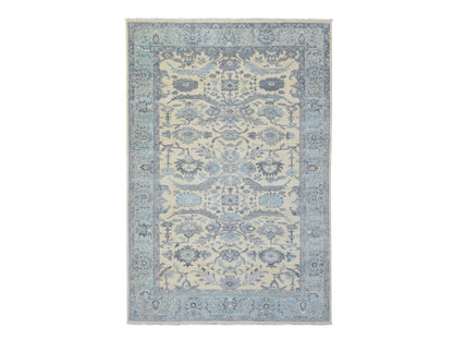 Heriz Oushak hand-knotted wool rug in Ivory & Blue, 6'1" x 9' — SKU O072536