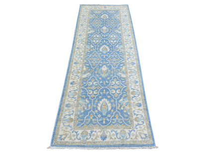 Blue 2'7" x 7'7" Oushak And Peshawar Hand knotted Wool Rug - Sku: O072538