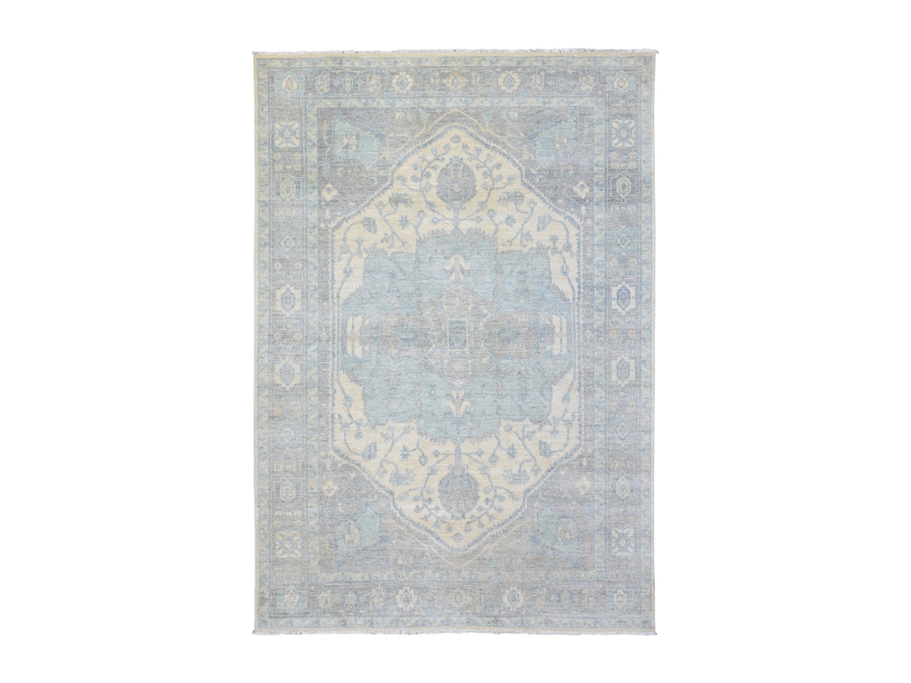 Heriz Oushak hand-knotted wool rug in Ivory & Stone Gray, 6'2" x 8'9" — SKU O072582