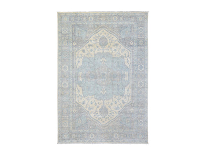 Heriz Oushak hand-knotted wool rug in Ivory & Stone Gray, 6'2" x 8'9" — SKU O072582