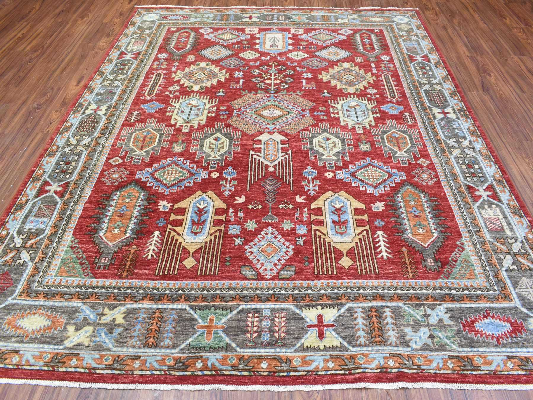 Ersari Tribal & Geometric hand-knotted wool rug in Red & Gray, 8' x 9'7" — SKU O072623 (view 2)