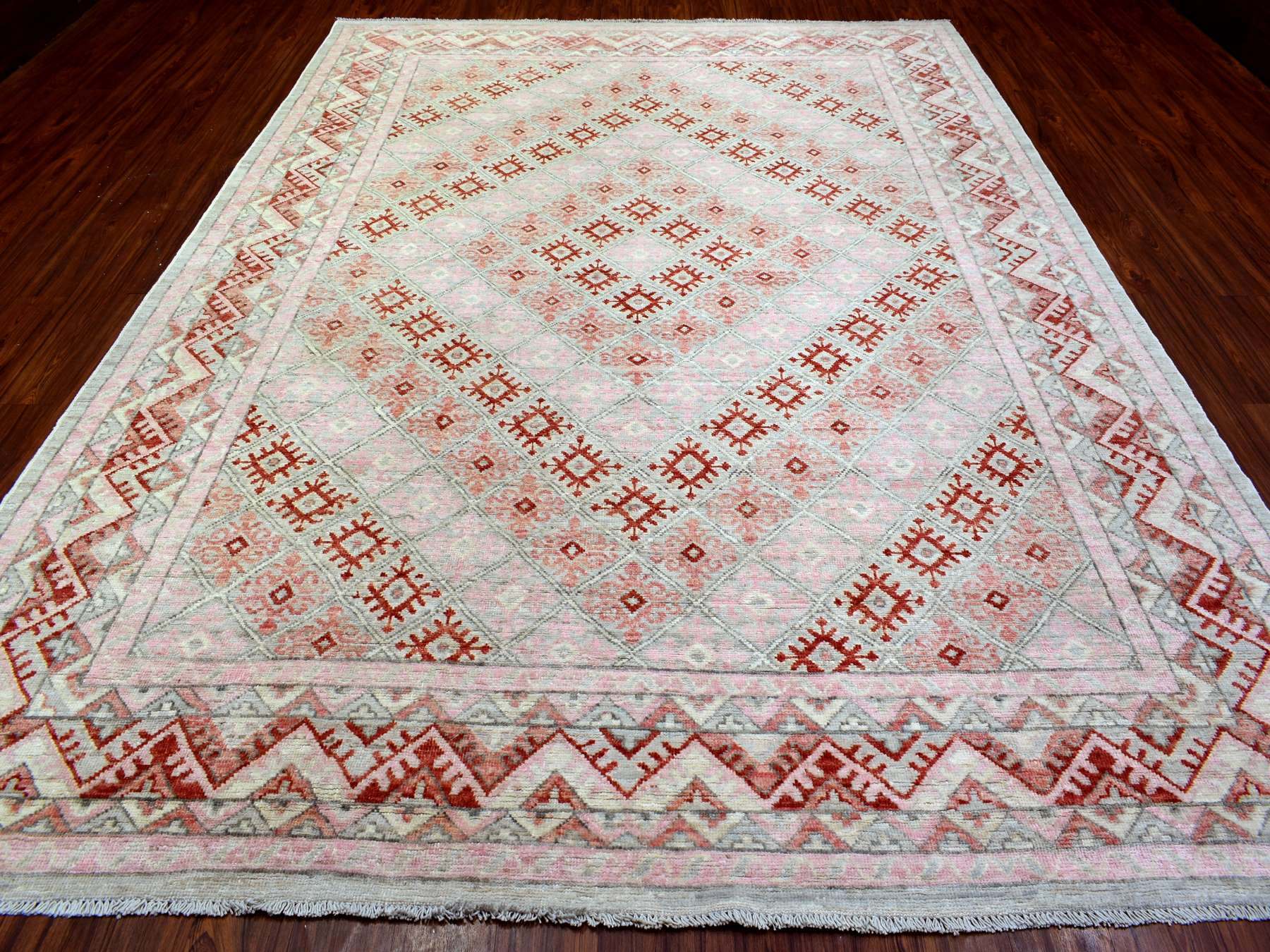 Tribal & Geometric hand-knotted wool rug in Red, 9' x 12' — SKU O072699 (view 2)