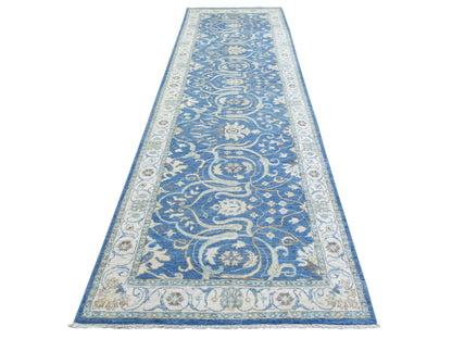 Blue 3'9" x 13'3" Oushak And Peshawar Hand knotted Wool Rug - Sku: O072723