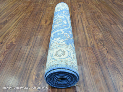 Blue 3'9" x 13'3" Oushak And Peshawar Hand knotted Wool Rug - Sku: O072723