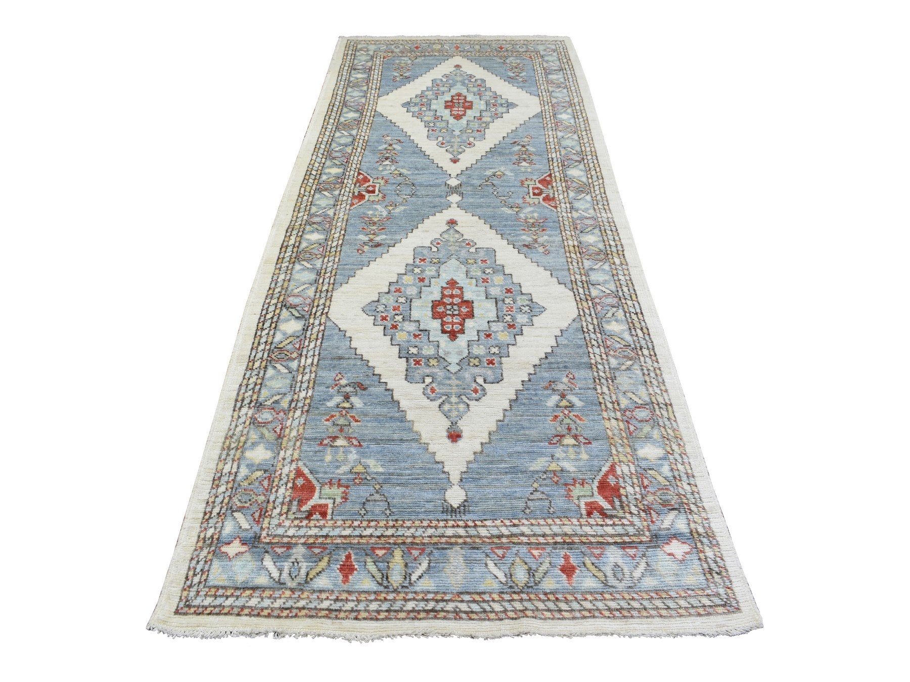 Tribal & Geometric hand-knotted wool runner in Gray & Blue, 4' x 10'4" — SKU O072742