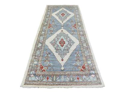 Tribal & Geometric hand-knotted wool runner in Gray & Blue, 4' x 10'4" — SKU O072742