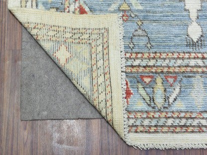 Tribal & Geometric hand-knotted wool runner in Gray & Blue, 4' x 10'4" — SKU O072742 (view 2)