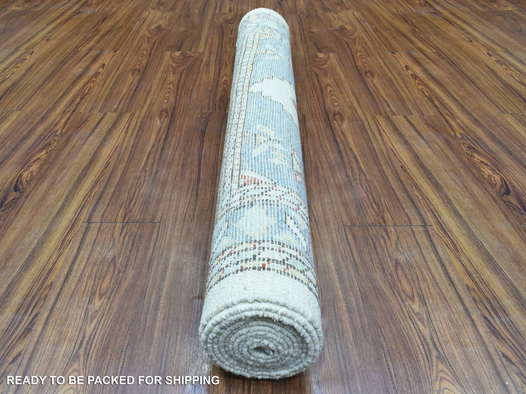 Tribal & Geometric hand-knotted wool runner in Gray & Blue, 4' x 10'4" — SKU O072742 (view 4)