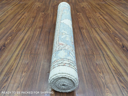 Tribal & Geometric hand-knotted wool runner in Gray & Blue, 4' x 10'4" — SKU O072742 (view 4)