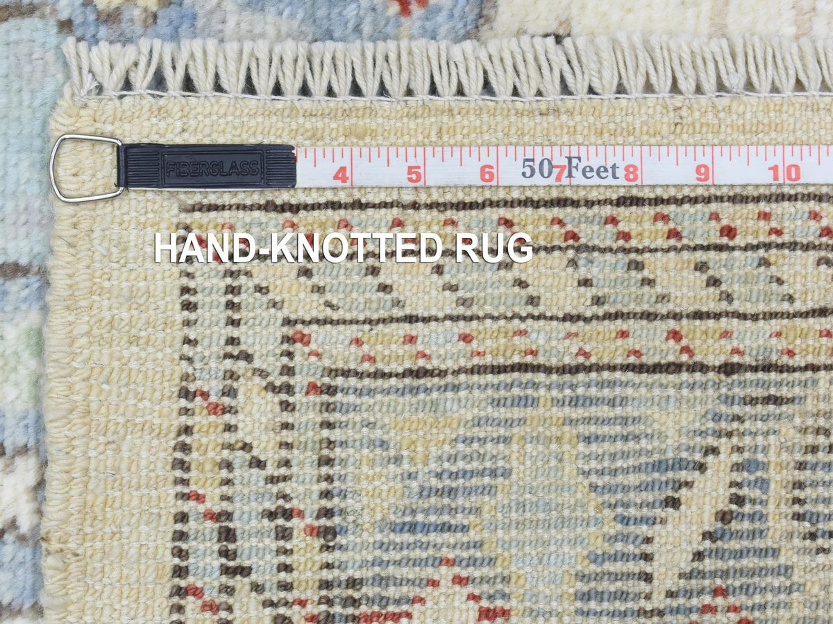 Tribal & Geometric hand-knotted wool runner in Gray & Blue, 4' x 10'4" — SKU O072742 (view 6)