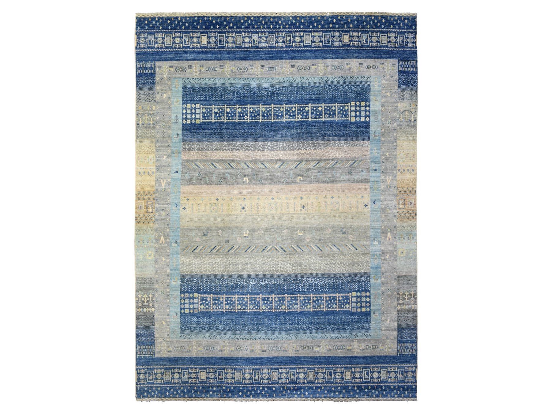 Gabbeh Tribal & Geometric hand-knotted wool rug in Blue, 10'2" x 13'7" — SKU O072821