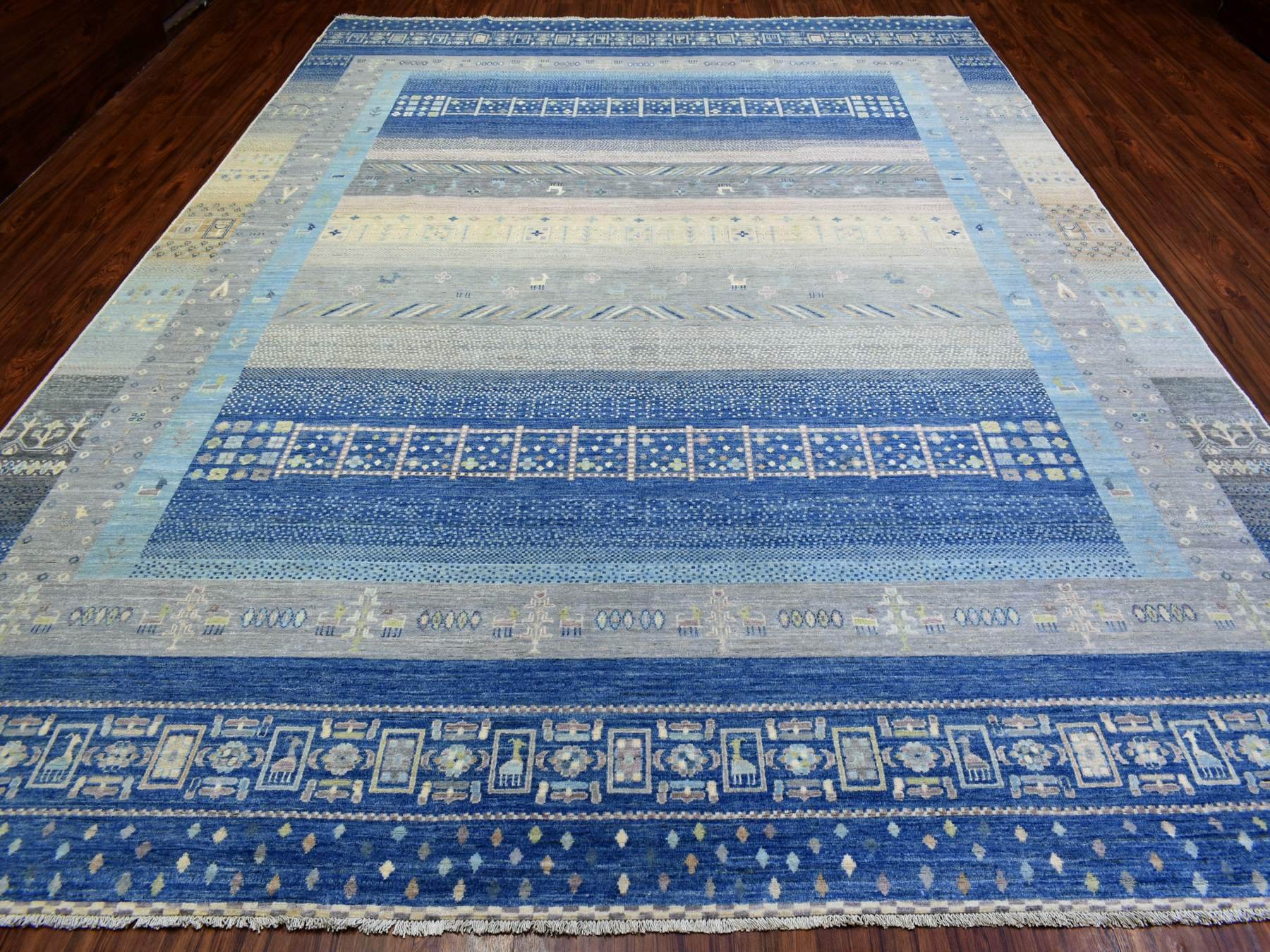 Gabbeh Tribal & Geometric hand-knotted wool rug in Blue, 10'2" x 13'7" — SKU O072821 (view 2)