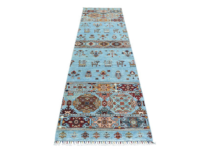 Blue 2'9" x 9'10" Kazak Hand knotted Wool Rug - Sku: O072853