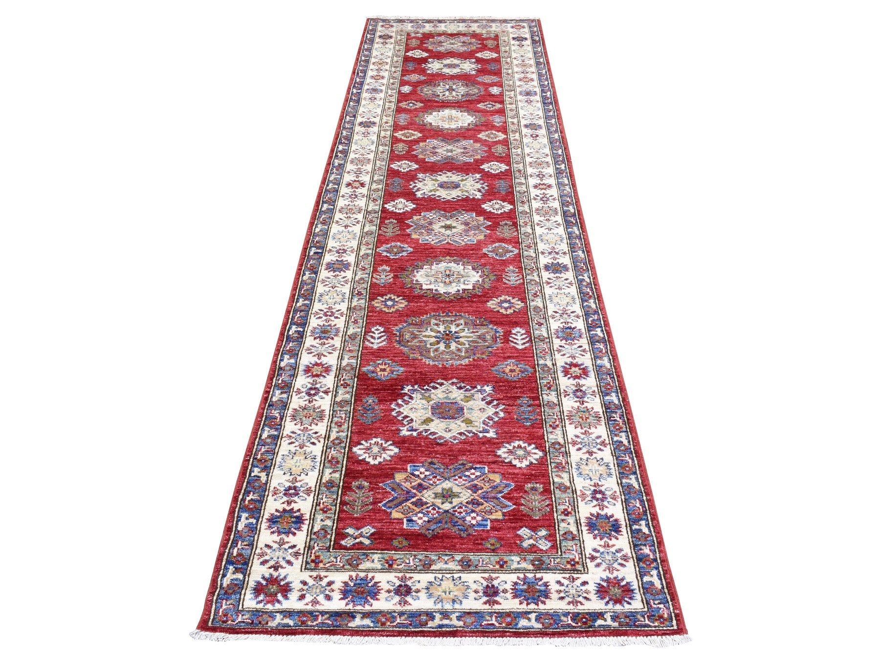 Kazak Kazak hand-knotted wool runner in Red & Ivory, 3' x 11' — SKU O072908
