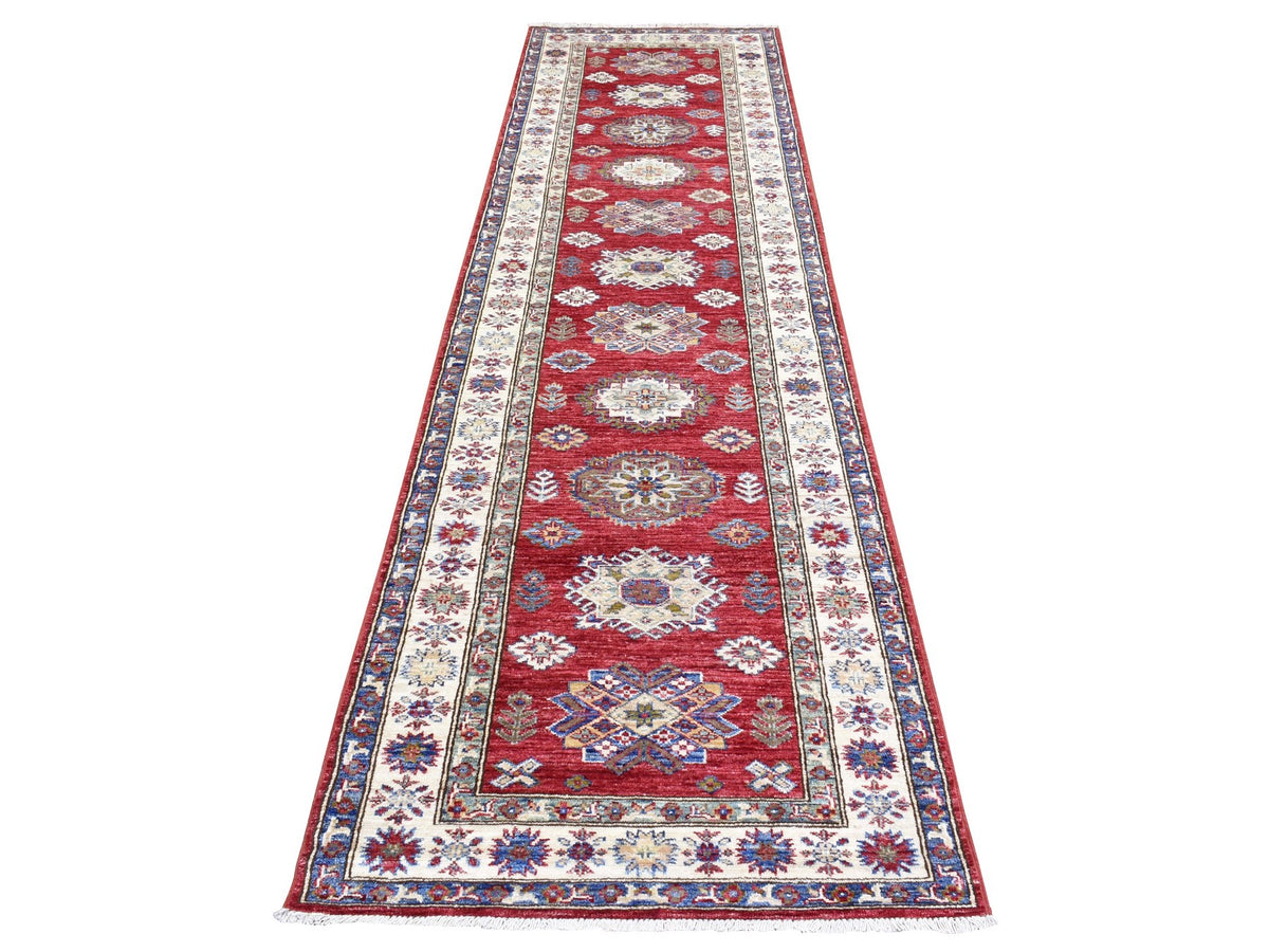 Kazak Kazak hand-knotted wool runner in Red & Ivory, 3' x 11' — SKU O072908