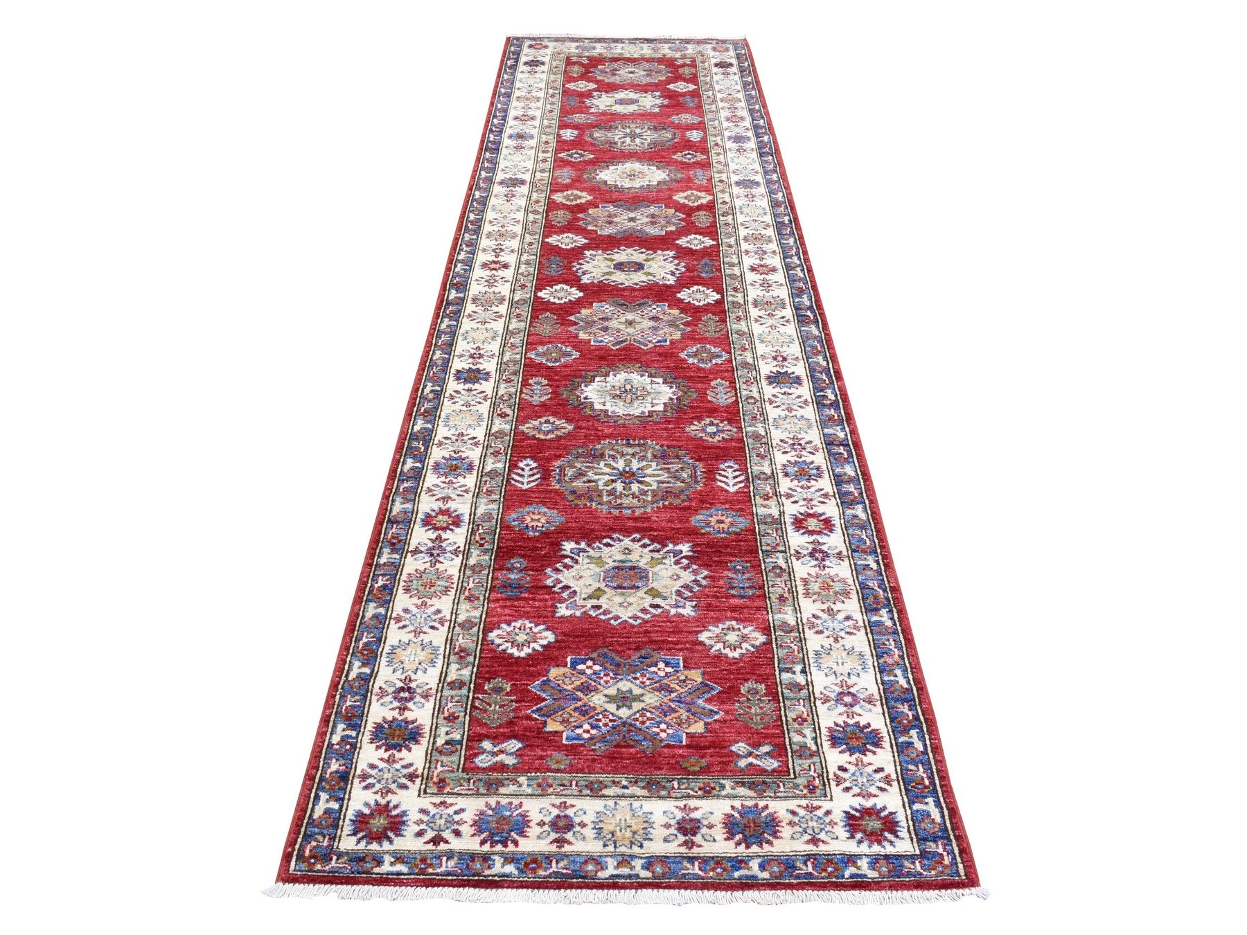 Kazak Kazak hand-knotted wool runner in Red & Ivory, 3'1" x 11' — SKU O072910