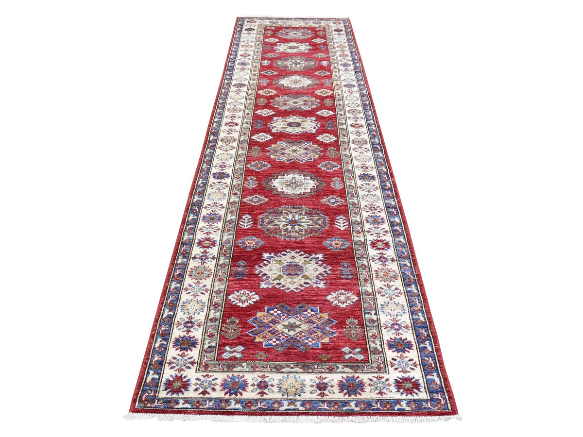 Kazak Kazak hand-knotted wool runner in Red & Ivory, 3'1" x 11' — SKU O072910