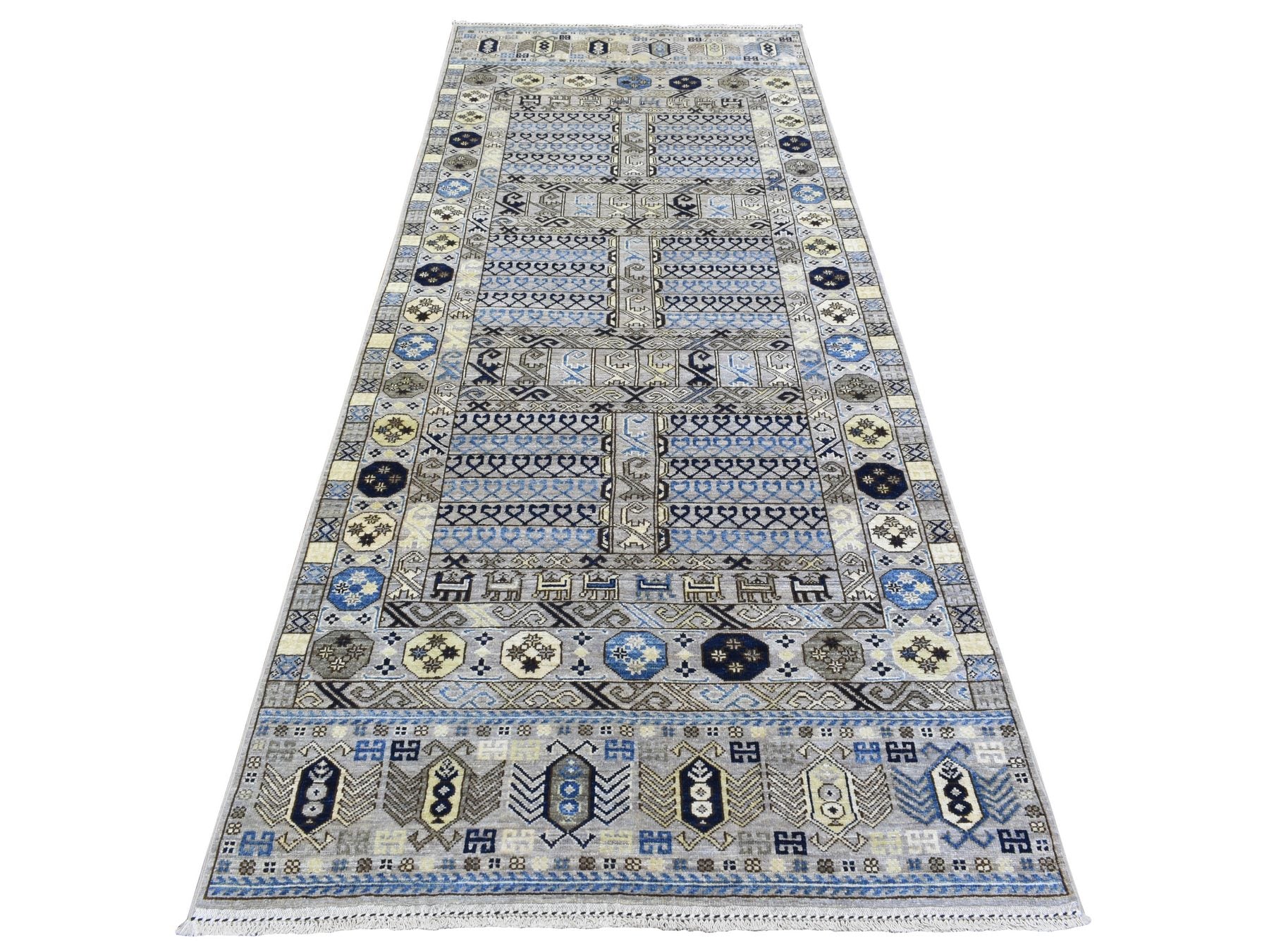 Gray 4'0" x 9'9" Tribal Hand knotted Wool Rug - Sku: O073007