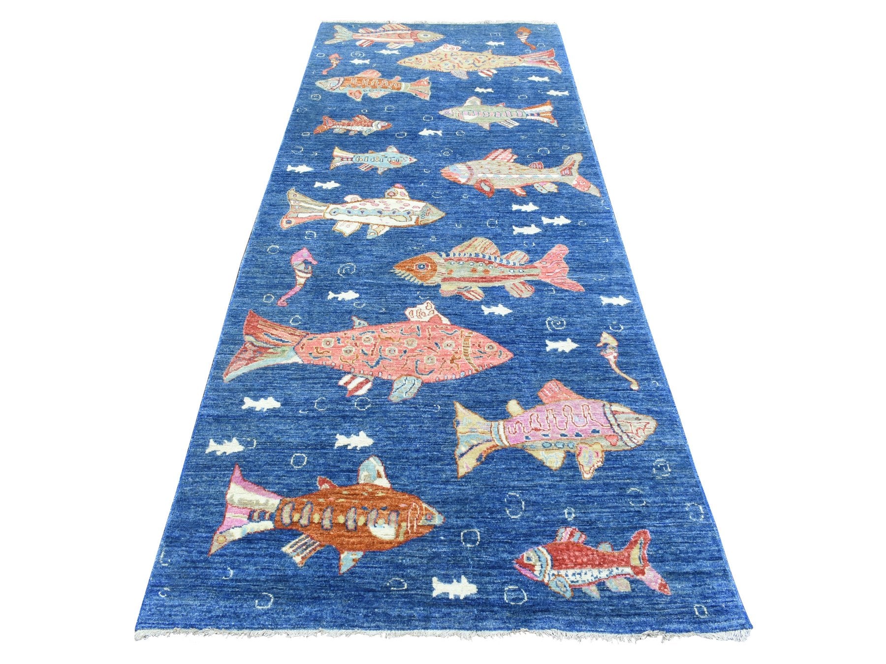 Blue 4'2" x 9'9" Modern / Contemporary Hand knotted Wool Rug - Sku: O073018