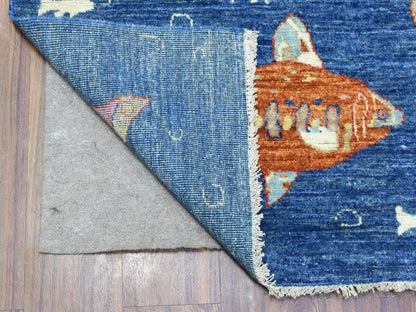 Blue 4'2" x 9'9" Modern and Contemporary Hand knotted Wool Rug - Sku: O073018