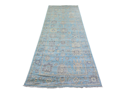 Blue 4'0" x 10'1" Oushak And Peshawar Hand knotted Wool Rug - Sku: O073297