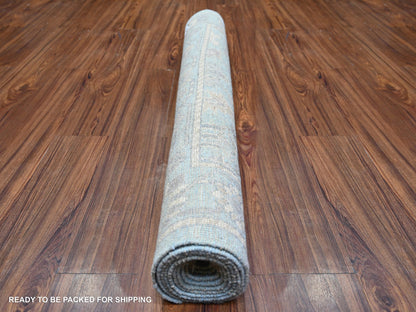 Blue 4'0" x 10'1" Oushak And Peshawar Hand knotted Wool Rug - Sku: O073297
