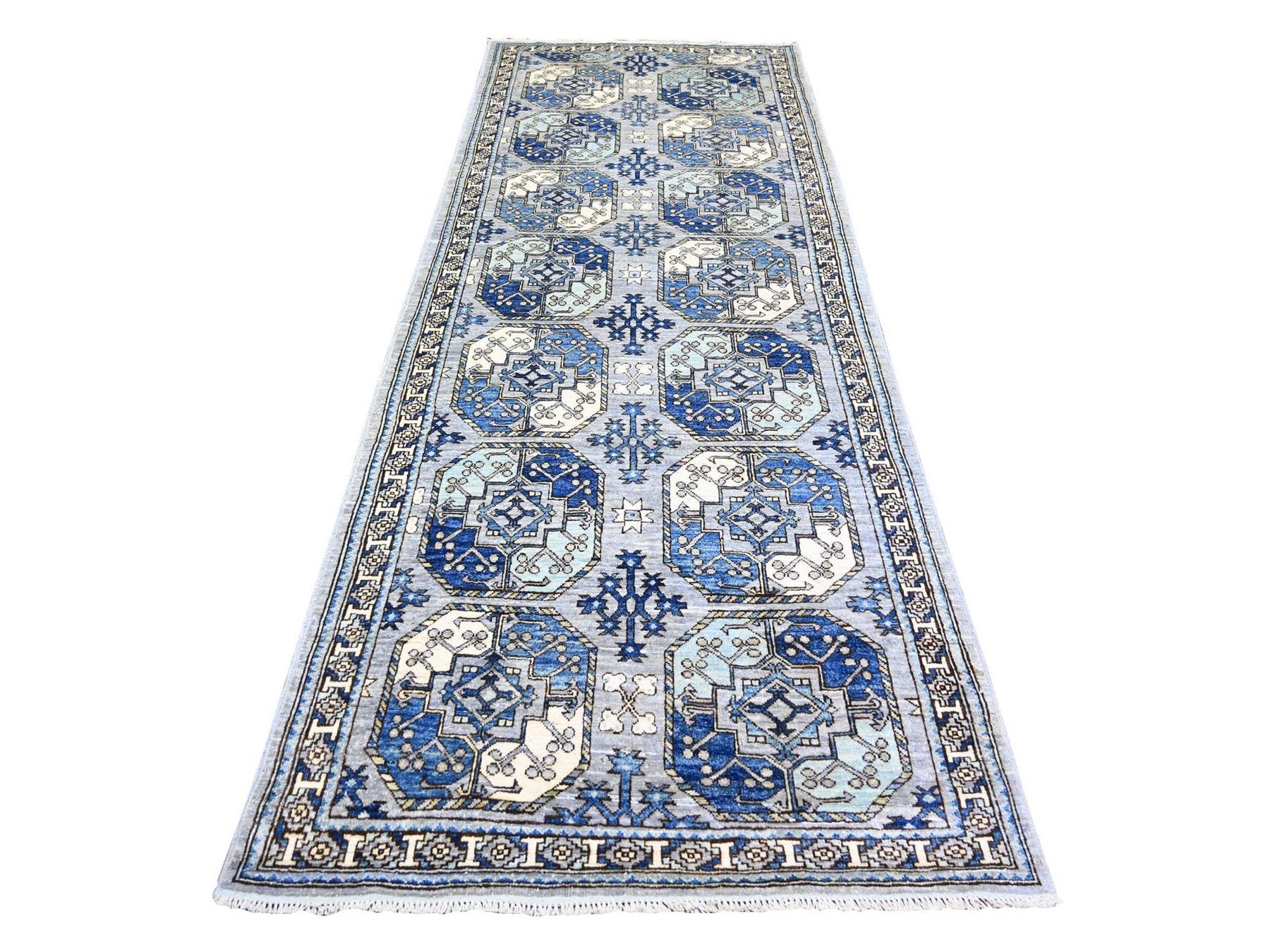 Ersari Tribal & Geometric hand-knotted wool runner in Gray & Ivory, 4' x 10'1" — SKU O073558