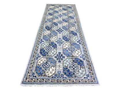Ersari Tribal & Geometric hand-knotted wool runner in Gray & Ivory, 4' x 10'1" — SKU O073558