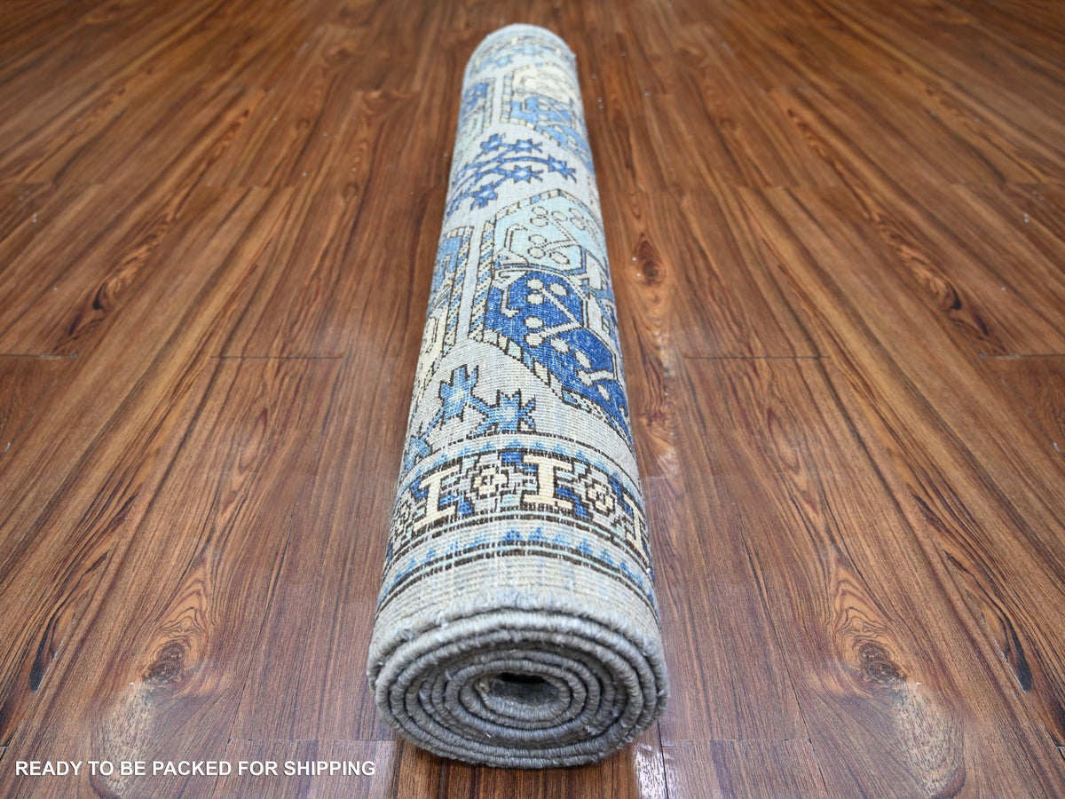 Ersari Tribal & Geometric hand-knotted wool runner in Gray & Ivory, 4' x 10'1" — SKU O073558 (view 4)