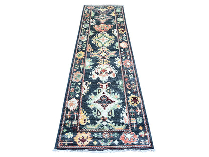 Black 2'9" x 9'9" Oushak And Peshawar Hand knotted Wool Rug - Sku: O073656