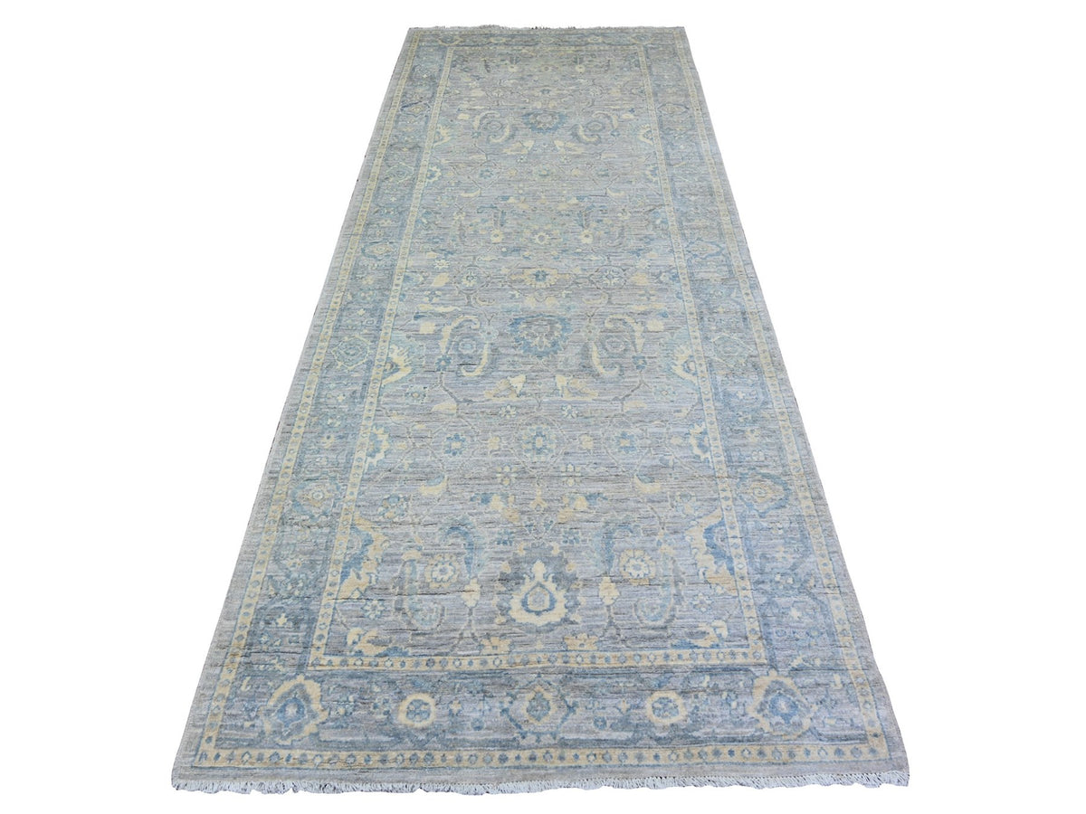 Peshawar Oushak hand-knotted wool runner in Gray & Blue, 4' x 10' — SKU O073682