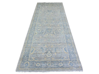 Peshawar Oushak hand-knotted wool runner in Gray & Blue, 4' x 10' — SKU O073682