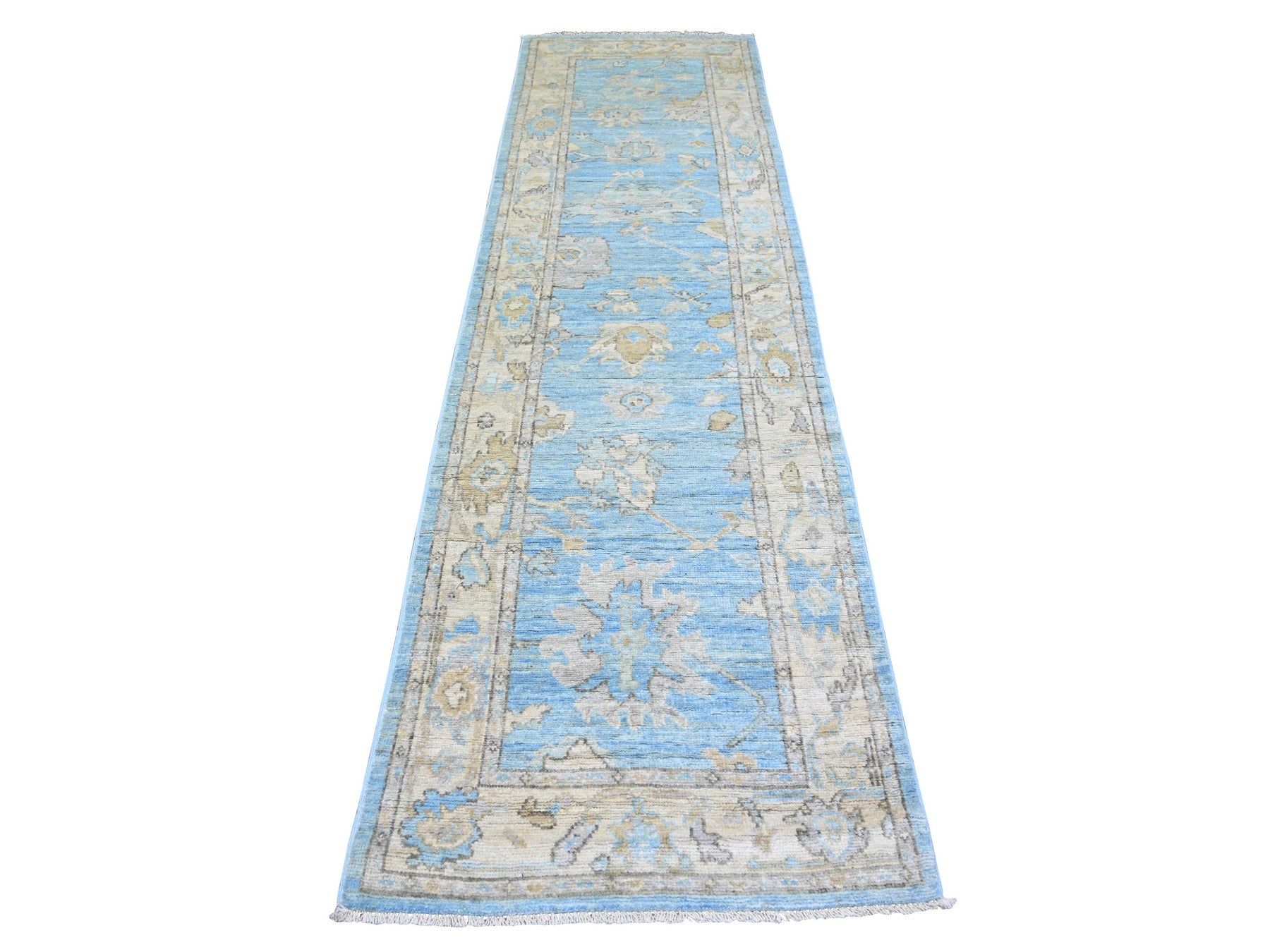 Blue 2'9" x 9'9" Oushak / Peshawar Hand knotted Wool Rug - Sku: O073878
