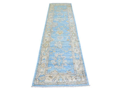 Blue 2'9" x 9'9" Oushak And Peshawar Hand knotted Wool Rug - Sku: O073878