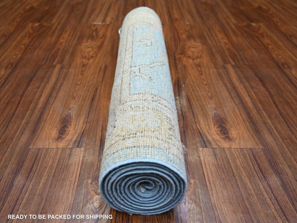 Blue 2'9" x 9'9" Oushak And Peshawar Hand knotted Wool Rug - Sku: O073878