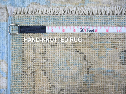 Blue 2'9" x 9'9" Oushak And Peshawar Hand knotted Wool Rug - Sku: O073878