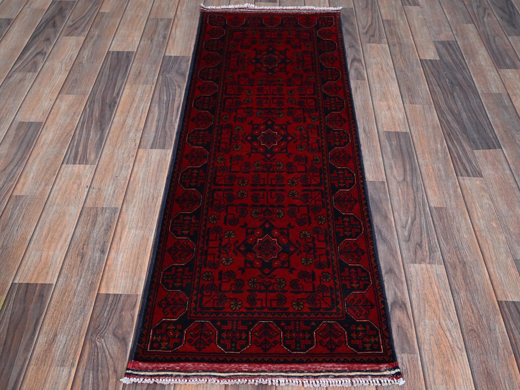 Tribal & Geometric hand-knotted wool runner in Red, 1'9" x 4'9" — SKU O0740 (view 2)