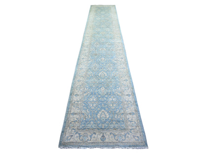 Blue 2'8" x 15'2" Oushak And Peshawar Hand knotted Wool Rug - Sku: O074133