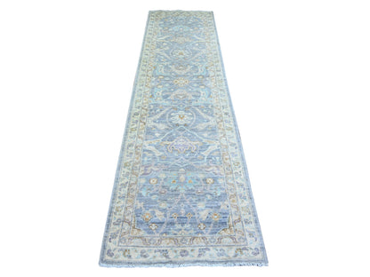 Blue 2'7" x 9'6" Oushak And Peshawar Hand knotted Wool Rug - Sku: O074135