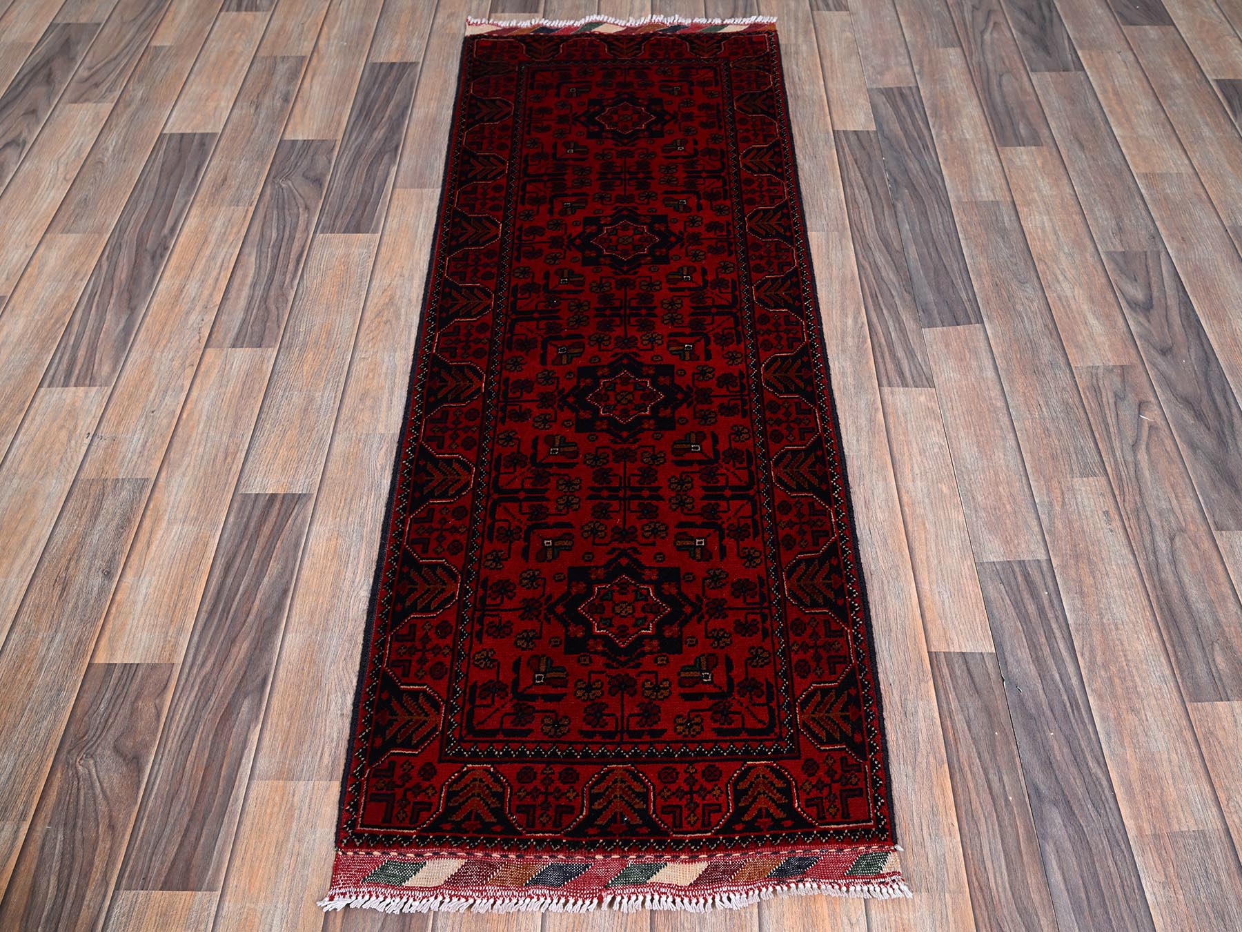 Tribal & Geometric hand-knotted wool runner in Red, 1'9" x 4'11" — SKU O0741 (view 2)