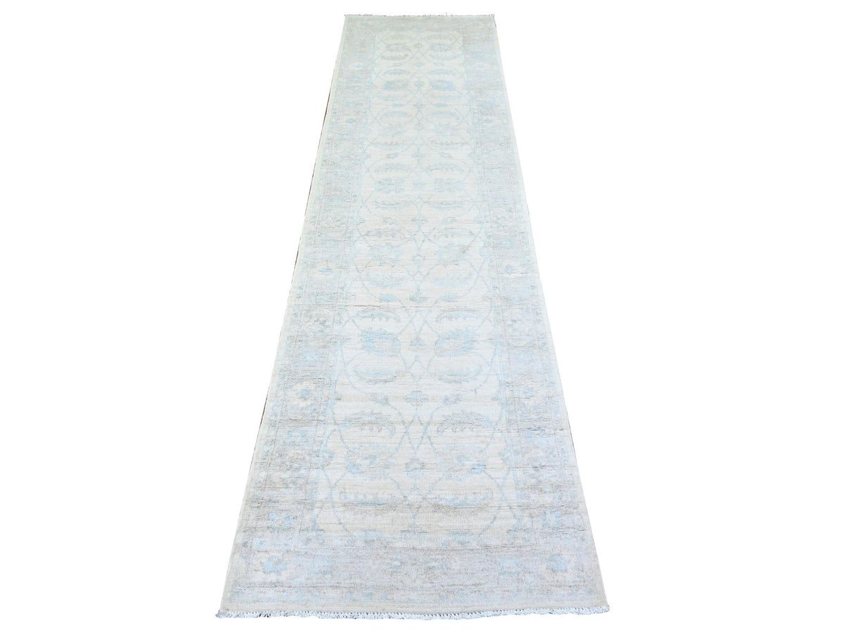 Peshawar Oushak hand-knotted wool runner in Ivory & Goose Gray, 2'7" x 9'11" — SKU O074371
