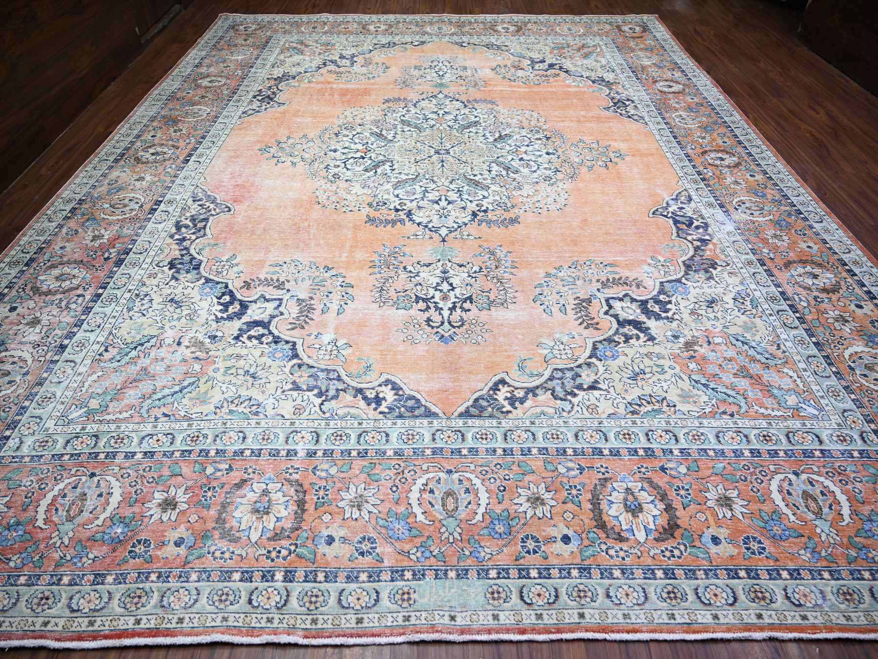 Tabriz Vintage hand-knotted wool rug in Orange, 12'2" x 15'2" — SKU O074483 (view 2)