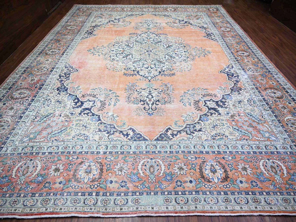 Tabriz Vintage hand-knotted wool rug in Orange, 12'2" x 15'2" — SKU O074483 (view 2)