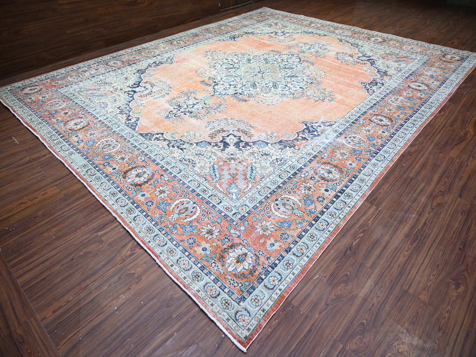 Tabriz Vintage hand-knotted wool rug in Orange, 12'2" x 15'2" — SKU O074483 (view 3)