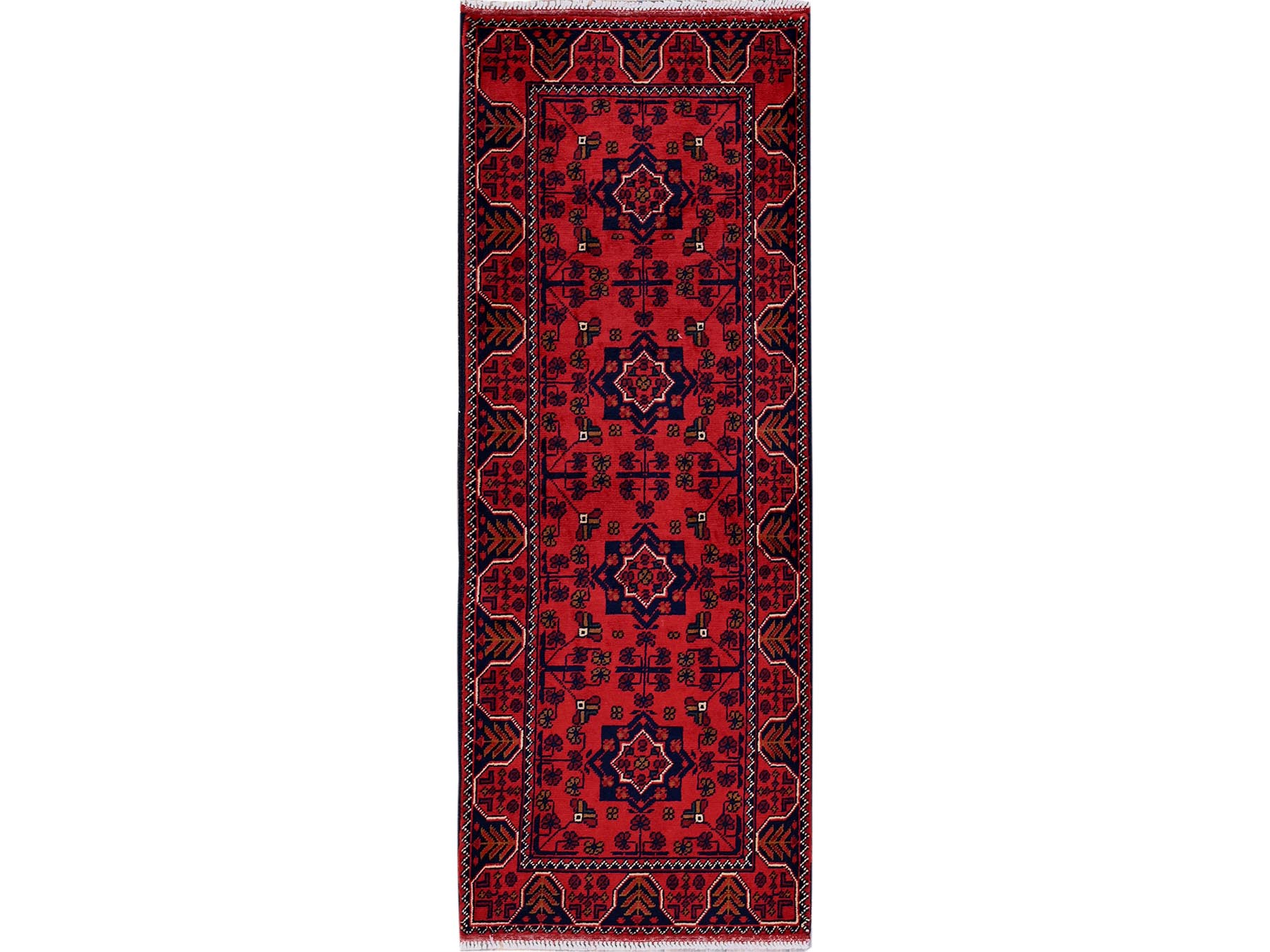 Tribal & Geometric hand-knotted wool runner in Red, 1'9" x 4'8" — SKU O0744