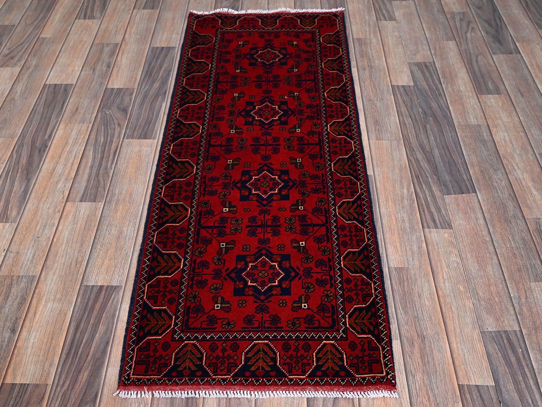 Tribal & Geometric hand-knotted wool runner in Red, 1'9" x 4'8" — SKU O0744 (view 2)