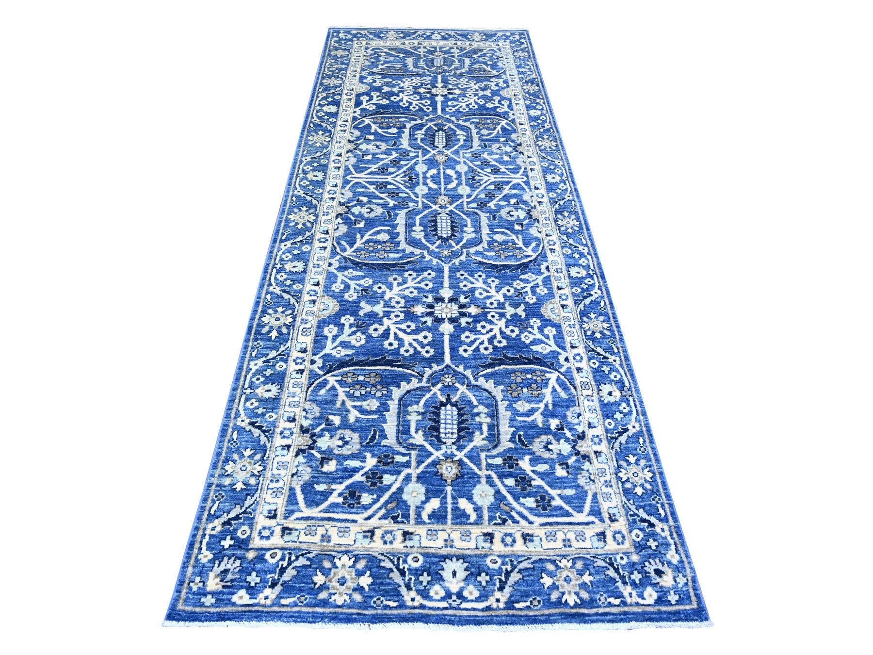 Blue 3'7" x 9'11" Traditional Hand knotted Wool Rug - Sku: O074542